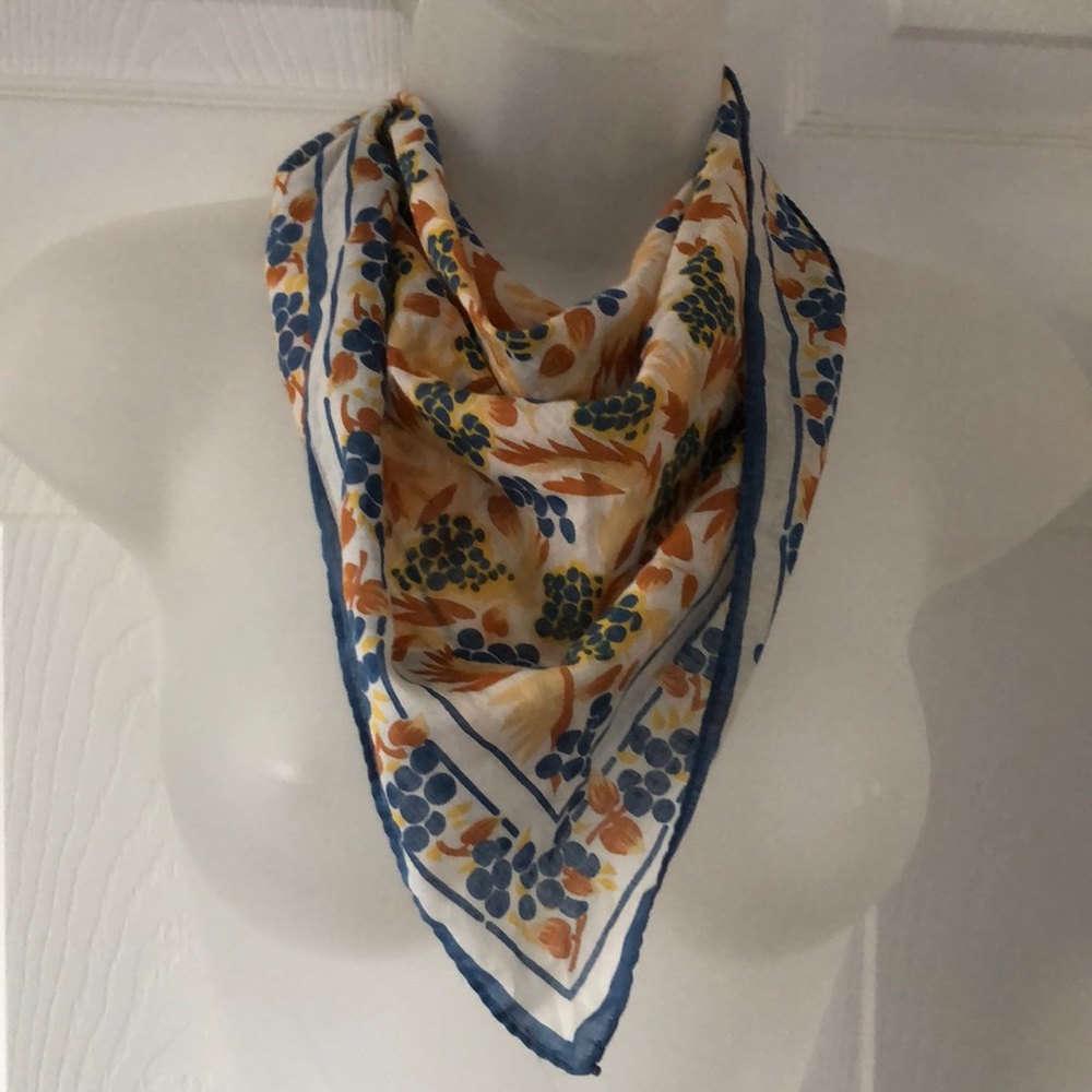 Lovely Square Scarf Cotton. Floral Blue, orange